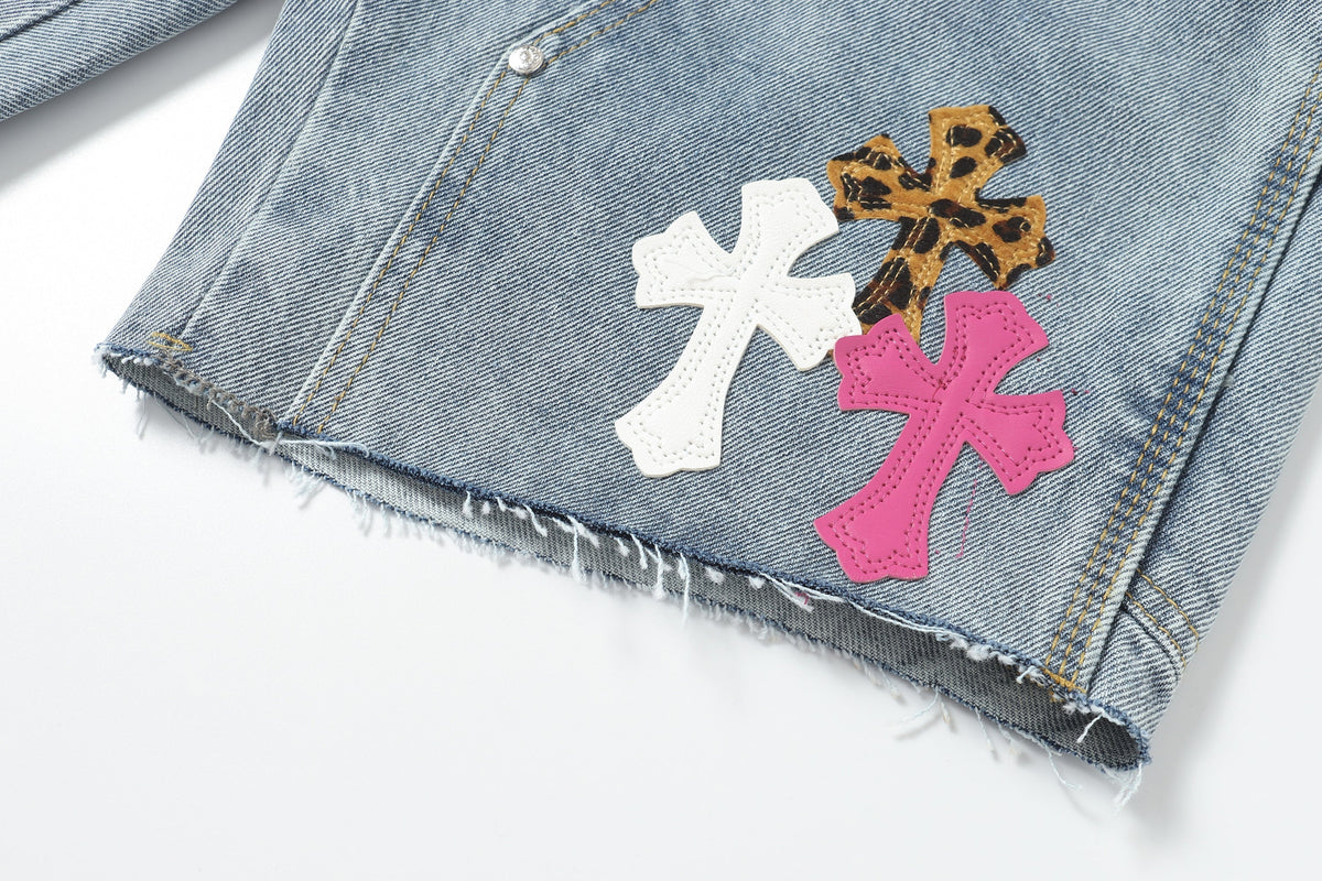 Chrome Hearts Vintage Cross Patchwork Washed Carpenter Denim Shorts 201