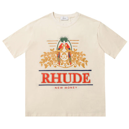 RHUDE Summer Macaw Flower Slogan Short Sleeve T-Shirt RHUDE