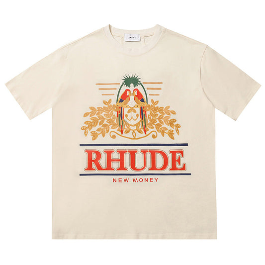 RHUDE Summer Macaw Flower Slogan Short Sleeve T-Shirt RHUDE