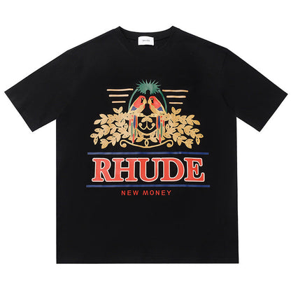 RHUDE Summer Macaw Flower Slogan Short Sleeve T-Shirt RHUDE