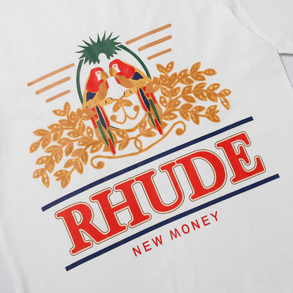 RHUDE Summer Macaw Flower Slogan Short Sleeve T-Shirt RHUDE