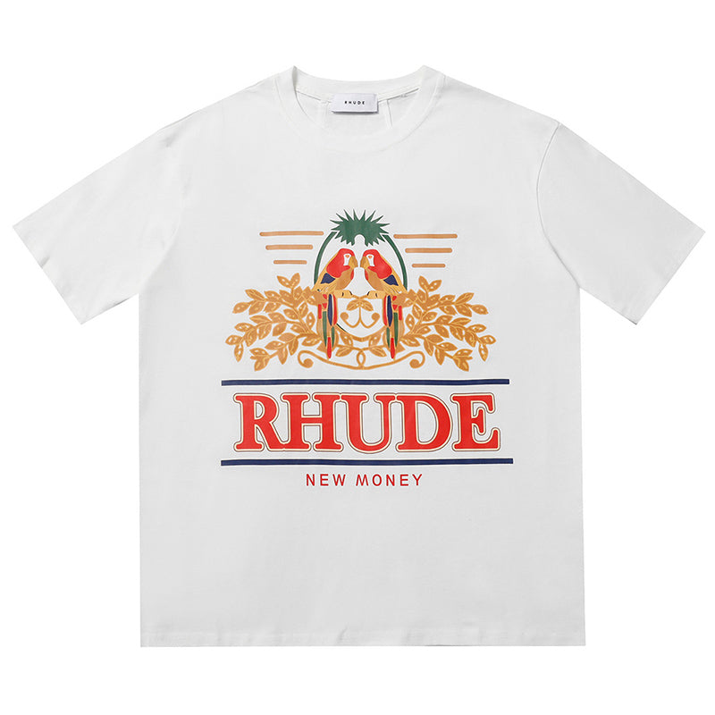 RHUDE Summer Macaw Flower Slogan Short Sleeve T-Shirt RHUDE